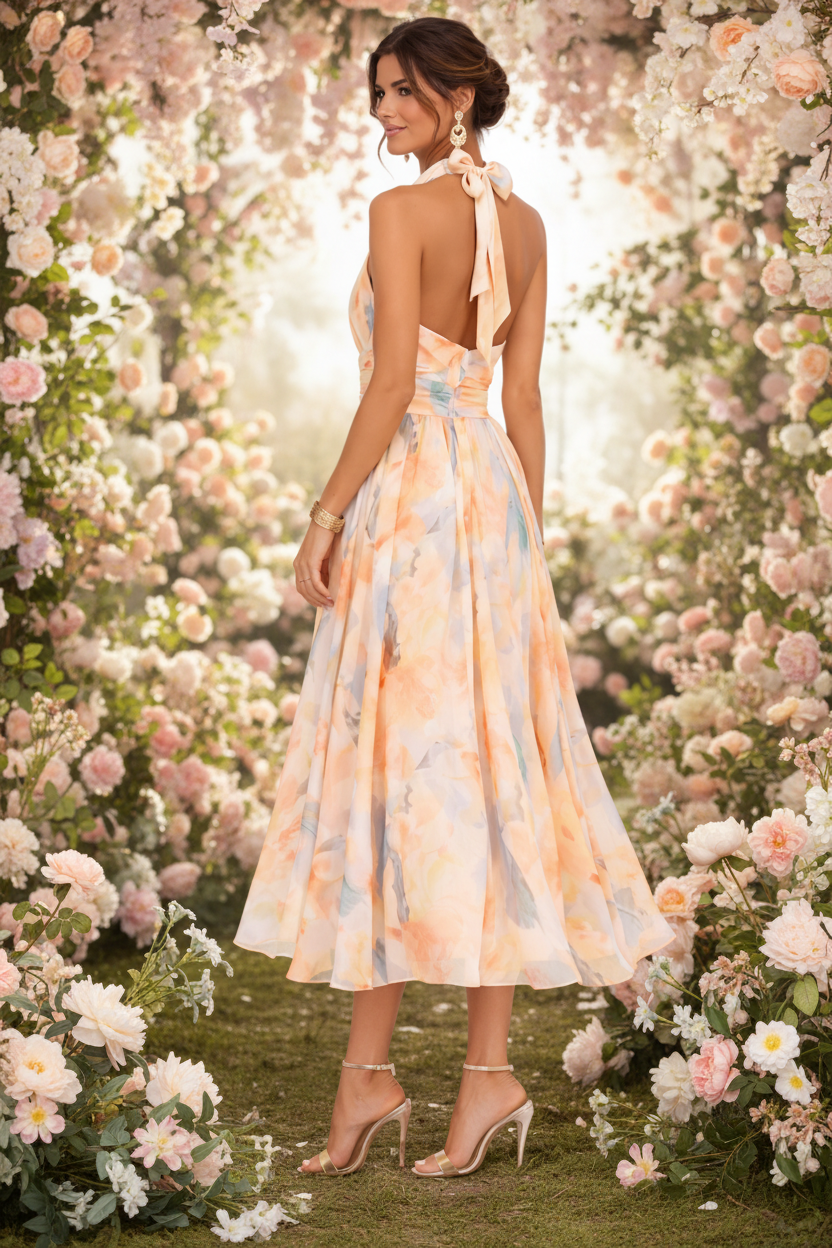 Primavera | Vestido con cuello halter y estampado de acuarela