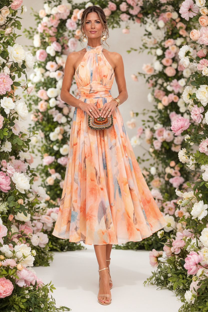 Primavera | Vestido con cuello halter y estampado de acuarela