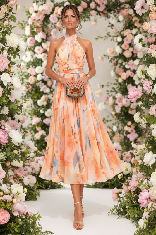 Primavera | Vestido con cuello halter y estampado de acuarela