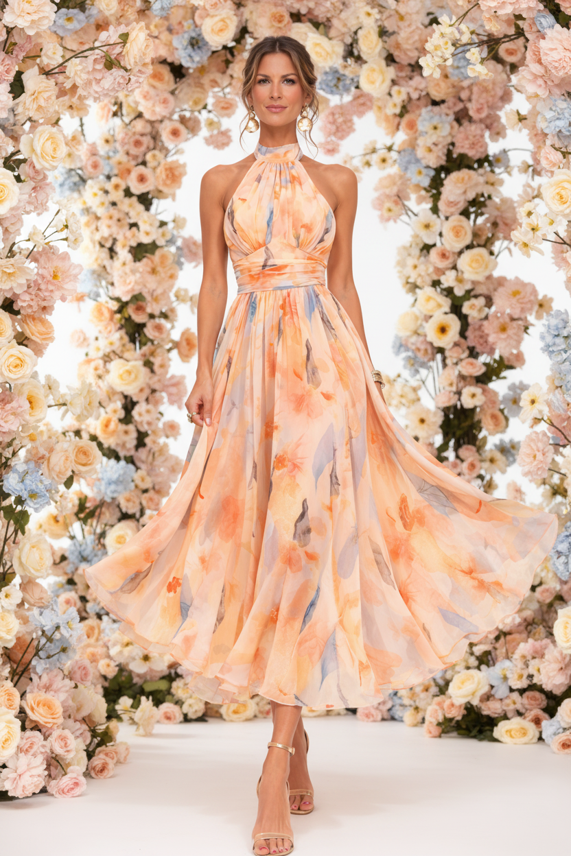 Primavera | Vestido con cuello halter y estampado de acuarela
