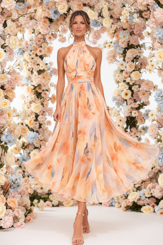 Primavera | Vestido con cuello halter y estampado de acuarela