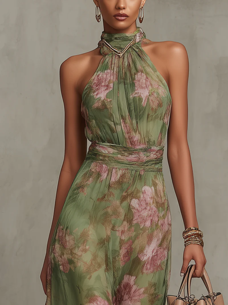 Carla - Elegante vestido largo con cuello halter y estampado floral