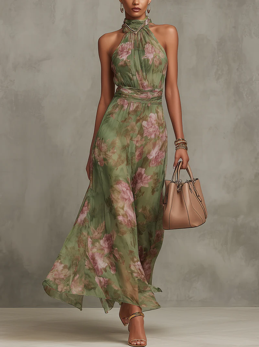 Carla - Elegante vestido largo con cuello halter y estampado floral