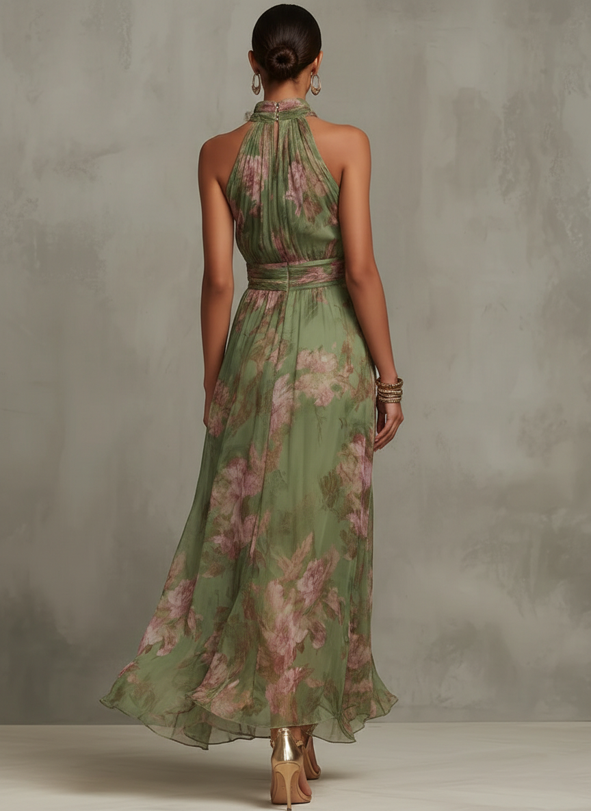 Carla - Elegante vestido largo con cuello halter y estampado floral